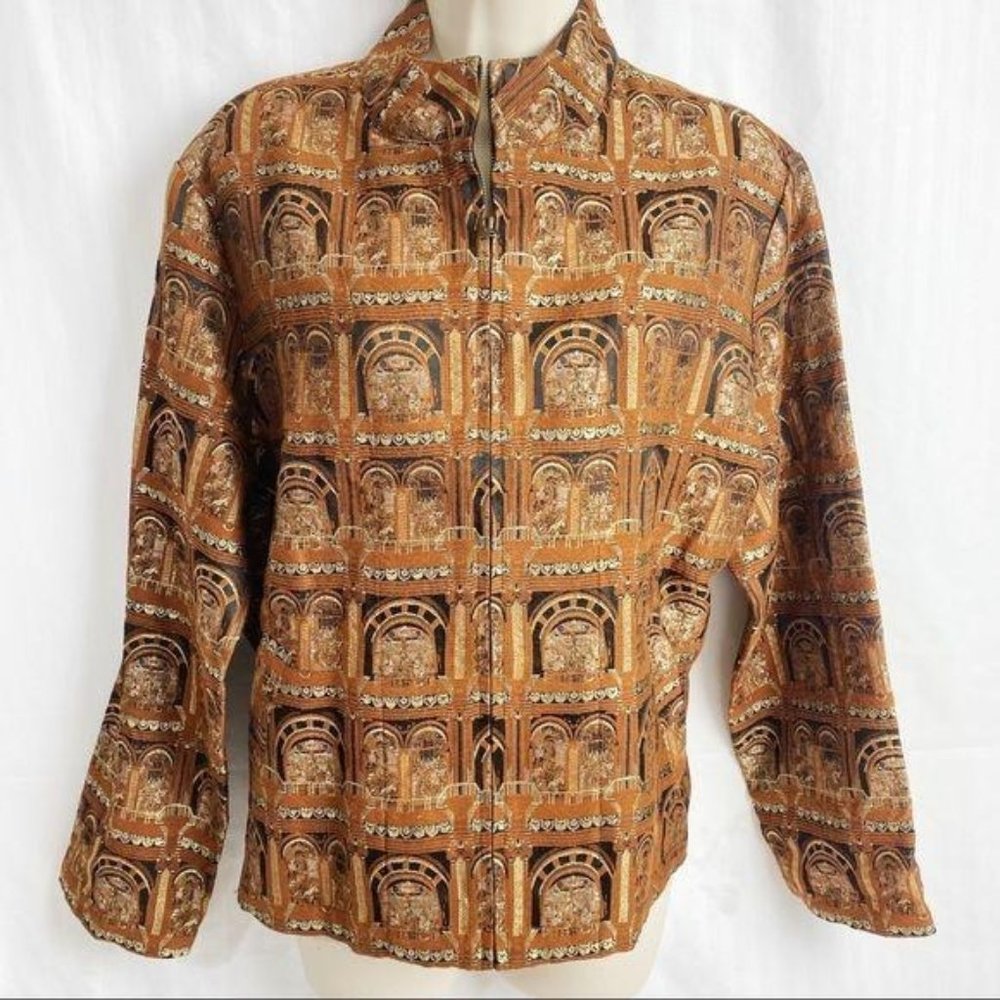 4/$25 Chico's Brown Gold Full Zip Jacket Sz 2 / L / 12 Rayon Silk Blend